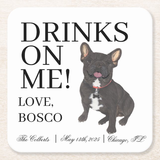 Porta-copo De Papel Quadrado Casamento de Black Brindle Frenchie French Bulldog (Frente)