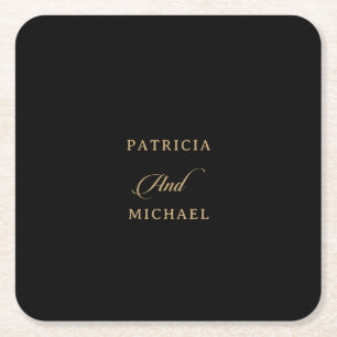 Porta-copo De Papel Quadrado Casamento de Caligrafia Clássica Preto e Dourado