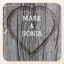 Porta-copo De Papel Quadrado Casamento de coração esculpido de madeira