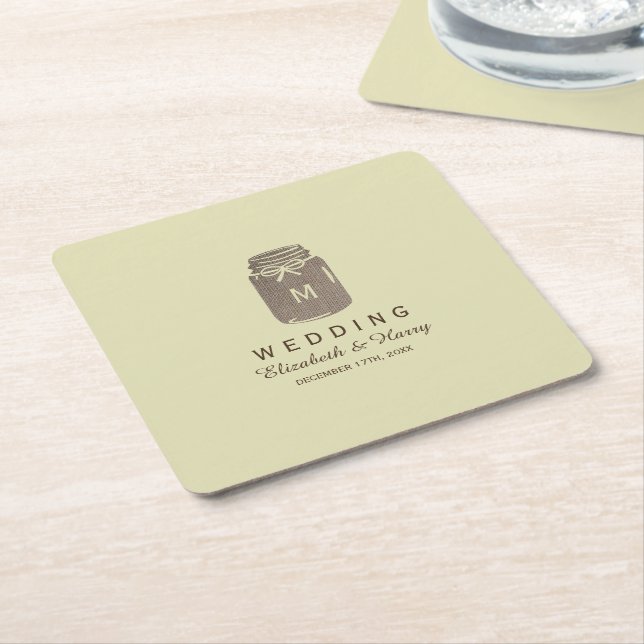 Porta-copo De Papel Quadrado Casamento de Country Burlap Mason Jar (Inclinado)