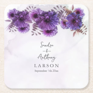 Porta-copo De Papel Quadrado Casamento de Crisântemo com Aquarela Roxa