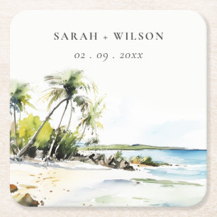 Porta-copo De Papel Quadrado Casamento de Destino Aquarela Tropical Costeira