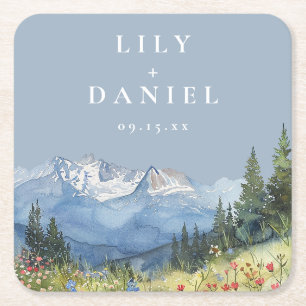 Porta-copo De Papel Quadrado Casamento de Dusty Blue Watercolor Mountain
