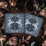 Porta-copo De Papel Quadrado Casamento de Espadas Medieval do Leão Real Azul Si<br><div class="desc">Adicione charme real à sua capa de sopa! Estas portas copos de casamento personalizadas apresentam um leão majestoso e design floral com seus nomes e monograma, tudo em prata luxuosa contra um fundo azul. Perfeito para uma celebração de fantasia medieval com elegância eterno! A prata que figura neste item NÃO...</div>