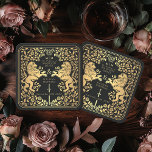 Porta-copo De Papel Quadrado Casamento de Espadas Medieval do Leão Real Negro<br><div class="desc">Adicione charme real à sua capa de sopa! Estas portas copos de casamento personalizadas apresentam um leão majestoso e design floral com seus nomes e monograma, tudo em ouro luxuoso contra fundo negro. Perfeito para uma celebração de fantasia medieval com elegância eterno! O ouro apresentado nesta rubrica NÃO é folha...</div>