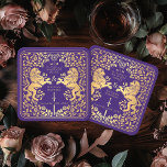 Porta-copo De Papel Quadrado Casamento de Espadas Medieval do Leão Real Roxo<br><div class="desc">Adicione charme real à sua capa de sopa! Estas portas copos de casamento personalizadas apresentam um leão majestoso e design floral com seus nomes e monograma, tudo em ouro luxuoso contra fundo roxo. Perfeito para uma celebração de fantasia medieval com elegância eterno! O ouro apresentado nesta rubrica NÃO é folha...</div>