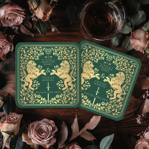 Porta-copo De Papel Quadrado Casamento de Espadas Medieval do Leão Real Verde