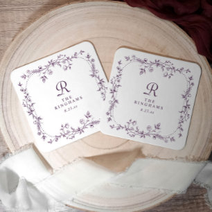Porta-copo De Papel Quadrado Casamento de Floral Francesa Berinjela Roxo Monogr