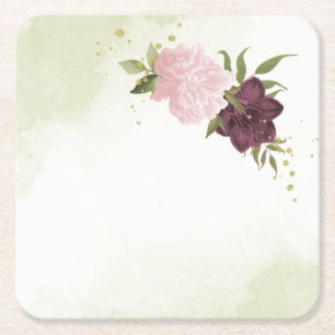 Porta-copo De Papel Quadrado casamento de flores cor-de-rosa cabernet com folha