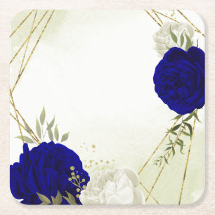 Porta-copo De Papel Quadrado casamento de flores e folhagens azul royal e branc