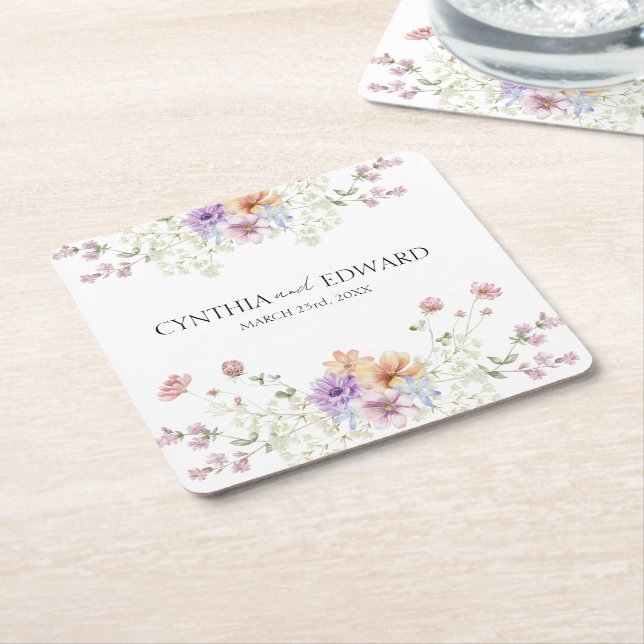Porta-copo De Papel Quadrado Casamento de flores selvagens Elegant Summer Meado (Inclinado)