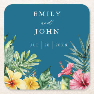 Porta-copo De Papel Quadrado Casamento de Flores Tropicais Aquarela Azul Oceano