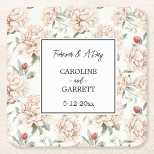Porta-copo De Papel Quadrado Casamento de Flores Vermelhas e Creme Romântico e