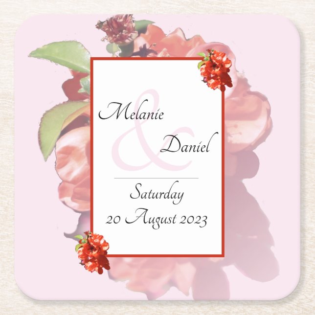 Porta-copo De Papel Quadrado Casamento de Flores Vermelhas e Rosa (Frente)