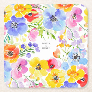 Porta-copo De Papel Quadrado Casamento de Flores Vibrantes de Aquarela na Prima