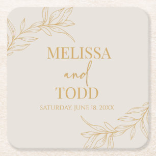 Porta-copo De Papel Quadrado Casamento de Folha Mínima Minimalista Dourada Beig