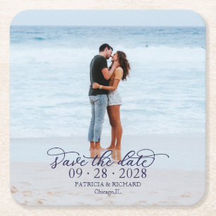 Porta-copo De Papel Quadrado Casamento de Fotografia Caligráfica Azul Marinho S