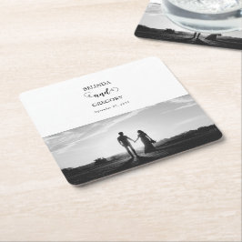 Porta-copo De Papel Quadrado Casamento de Fotografias do Casal de Script Branco