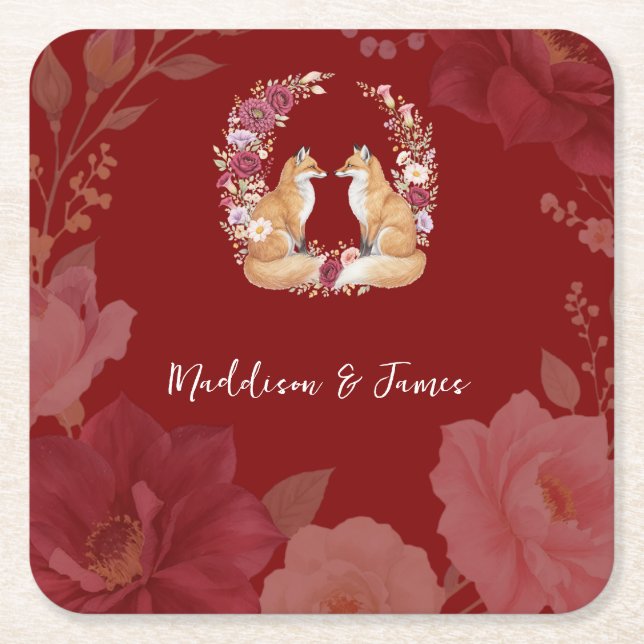 Porta-copo De Papel Quadrado Casamento de Fox de outono (Frente)