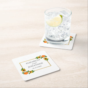 Porta-copo De Papel Quadrado Casamento de Frame Dourado Floral