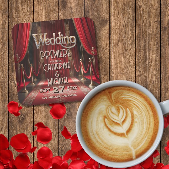 Porta-copo De Papel Quadrado Casamento de Hollywood Red Carpet Premiere (Flat lay red carpet glam celebrity style, silver screen glitz – Red Carpet Wedding Coaster)