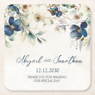 Porta-copo De Papel Quadrado Casamento de Inverno Floral Azul Elegante