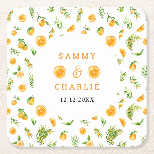 Porta-copo De Papel Quadrado Casamento de Laranjas Citrinos (Frente)