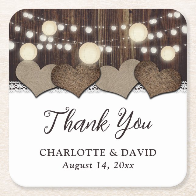 Porta-copo De Papel Quadrado Casamento de Madeira Rústica Country Burel Renda L (Frente)