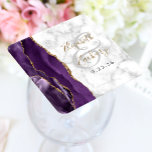 Porta-copo De Papel Quadrado Casamento de mármore Dourado com roxo de Script Ge<br><div class="desc">Esta elegante e moderna porta copos de casamento apresenta uma coloração d'água roxa,  um design geode,  aparado com falso brilho dourado sobre um fundo de mármore branca e cinza. Personalize facilmente os nomes da noiva e do noivo em caligrafia de manuscrito dourada sobre uma grande e leve cinza e</div>