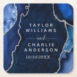 Porta-copo De Papel Quadrado Casamento de mármore marinho Blue e Silver Agate