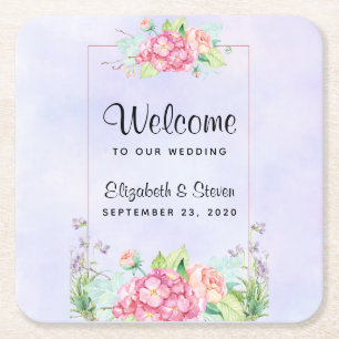 Porta-copo De Papel Quadrado Casamento de Moldura Floral de Cor de Água Rosa Mo