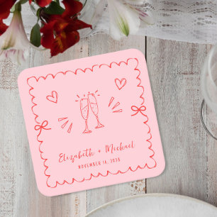 Porta-copo De Papel Quadrado Casamento de Moldura Vermelha Rosa-Rosa-Rosa