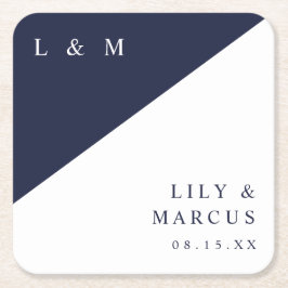 Porta-copo De Papel Quadrado Casamento de Monograma Branco Azul Marinho Minimal