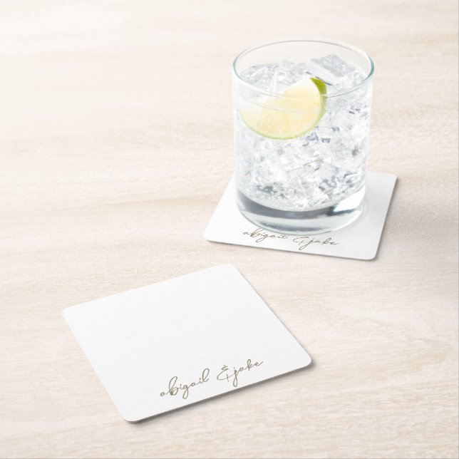 Porta-copo De Papel Quadrado Casamento de Nomes de Script Dourado Simplesmente  (Insitu)