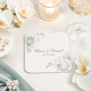 Porta-copo De Papel Quadrado Casamento de Orquídea Branca Moderna e Elegante