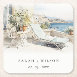 Porta-copo De Papel Quadrado Casamento de Paisagem de Grécia Curfu