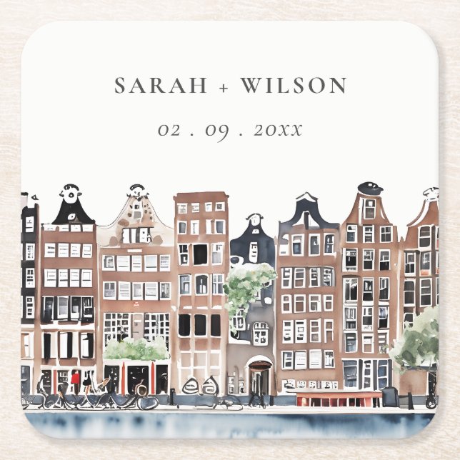 Porta-copo De Papel Quadrado Casamento de Paisagem do Canal de Amesterdã (Frente)