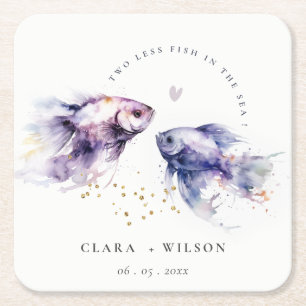 Porta-copo De Papel Quadrado Casamento de Peixes Costeiros Lilac Aquarela Elega