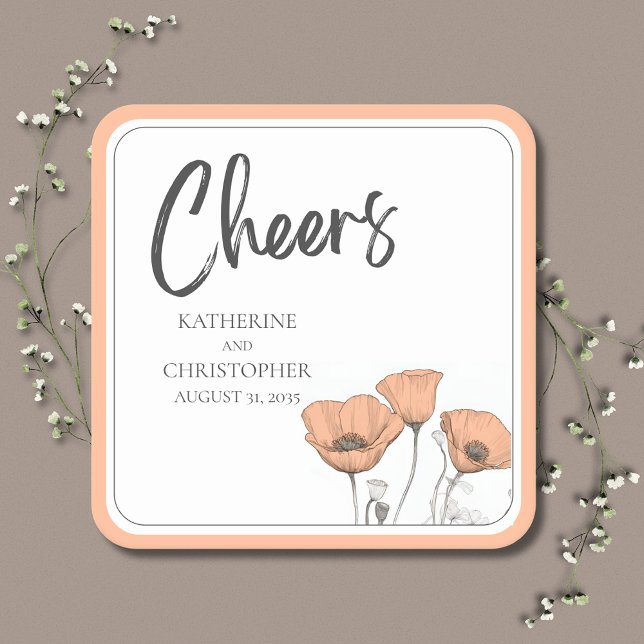 Porta-copo De Papel Quadrado Casamento de Pêpias Florais de Pêssego Elegante (Cheers Peach Poppies Paper Wedding Coaster is Modern & Elegant to coordinate with your wedding decor)