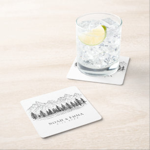 Porta-copo De Papel Quadrado Casamento de Pinheiros Rustic Mountain Sketch Wood