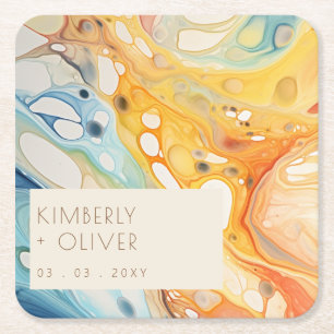 Porta-copo De Papel Quadrado Casamento de Praia de Ondas e Pedras de abstrato