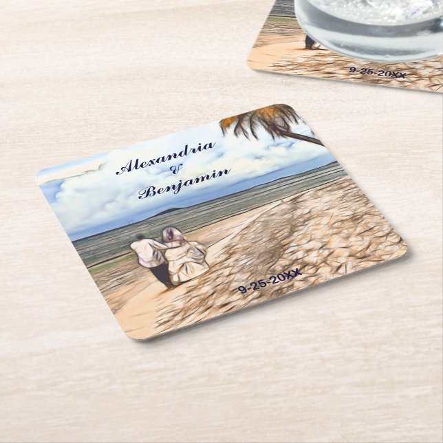 Porta-copo De Papel Quadrado Casamento de Praia Tropical de Verão Personalizado (Inclinado)