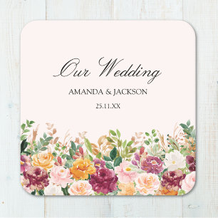 Porta-copo De Papel Quadrado Casamento de Rosa Flor de Aquarela com Caligrafia