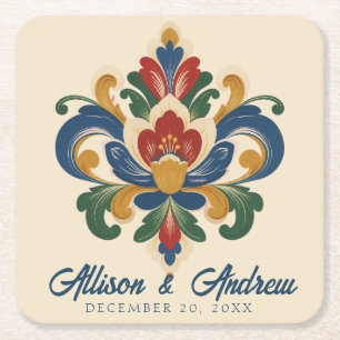 Porta-copo De Papel Quadrado Casamento de Rosemaling Norueguesa