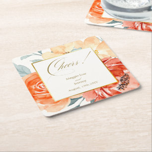 Porta-copo De Papel Quadrado Casamento de Script Floral Dourado Elegante