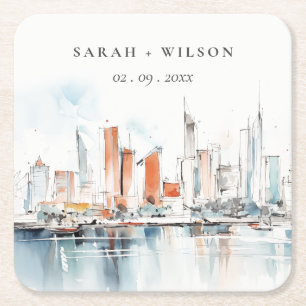 Porta-copo De Papel Quadrado Casamento de Skyline Watercolor em Miami Florida