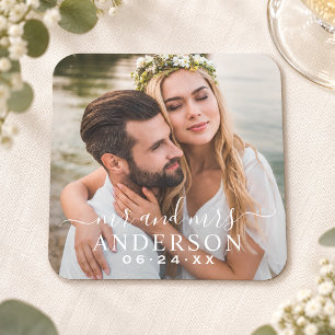 Porta-copo De Papel Quadrado Casamento de Sr. e Sra. em Foto Elegante Branco