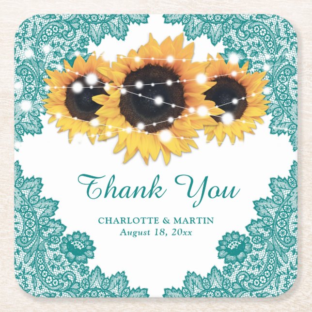 Porta-copo De Papel Quadrado Casamento de Teal Rustic Chic Lace Sunflower (Frente)
