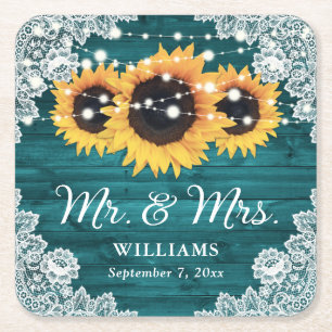 Porta-copo De Papel Quadrado Casamento de Teal Rustic Wood Lace Sunflower