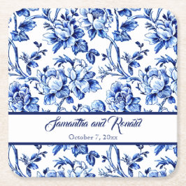 Porta-copo De Papel Quadrado Casamento de Tois Floral Azul e Branco